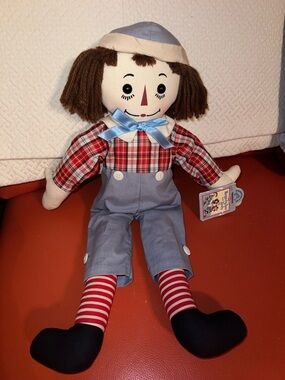 Vintage Raggedy Andy Rag Doll with Overalls and Red Plaid Shirt. Brown Yarn Hair